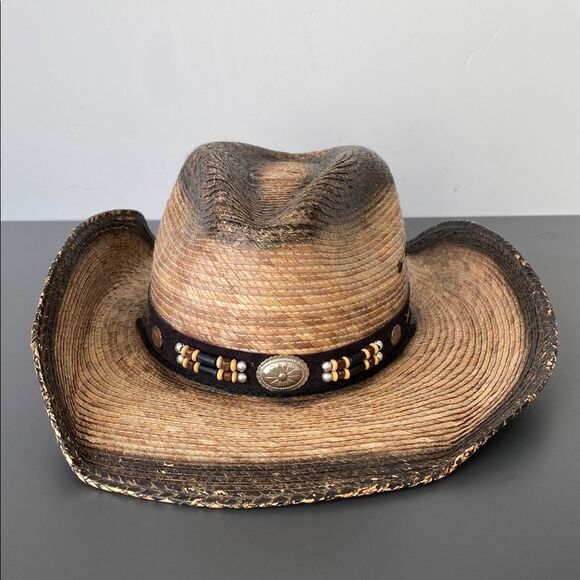 Brown Straw Cowboy Hat Beaded Band Sz  7 1/2 (M/L) Boho Western Vacation main image 6